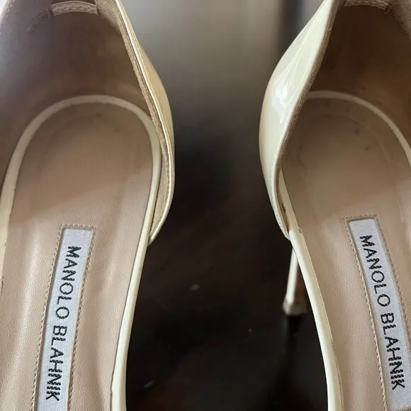 Manolo Blahnik Catalina Open Toe Heels Size 41 Patent Leather Beige Cream 4.5&quot;