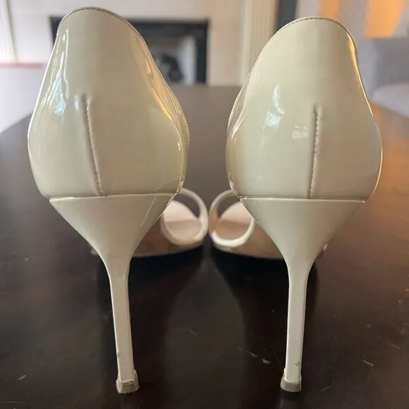Manolo Blahnik Catalina Open Toe Heels Size 41 Patent Leather Beige Cream 4.5&quot;