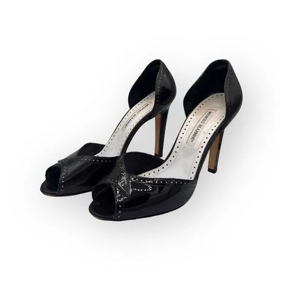 Manolo Blahnik Charlado Black Patent Leather Peep Toe D’orsay Spectator Heel Pum
