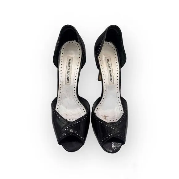 Manolo Blahnik Charlado Black Patent Leather Peep Toe D’orsay Spectator Heel Pum
