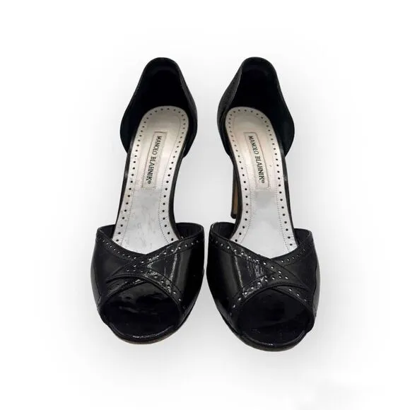 Manolo Blahnik Charlado Black Patent Leather Peep Toe D’orsay Spectator Heel Pum