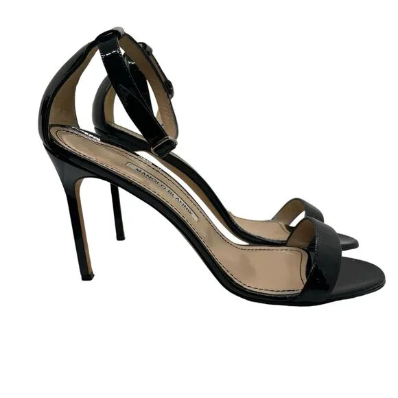Manolo Blahnik EUR 42 US 12 Strappy Heels Black Patent Leather Open Toe