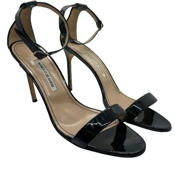 Manolo Blahnik EUR 42 US 12 Strappy Heels Black Patent Leather Open Toe