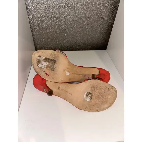 Manolo Blahnik Orange Ankle Strap Open Toe 4.5” Heels Pumps