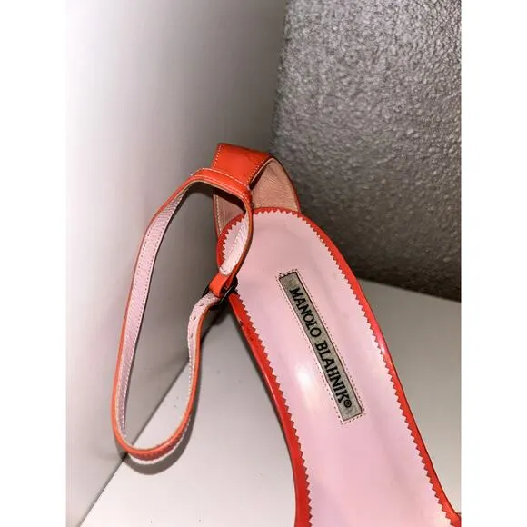 Manolo Blahnik Orange Ankle Strap Open Toe 4.5” Heels Pumps