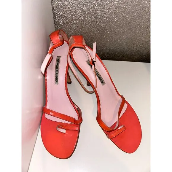 Manolo Blahnik Orange Ankle Strap Open Toe 4.5” Heels Pumps