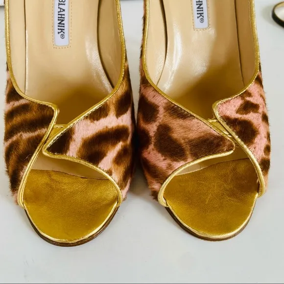 Manolo Blahnik pink gold beige animal print heels 38