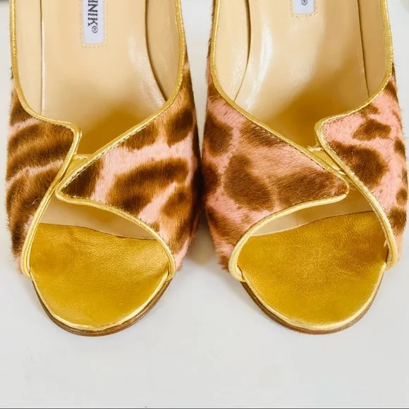 Manolo Blahnik pink gold beige animal print heels 38