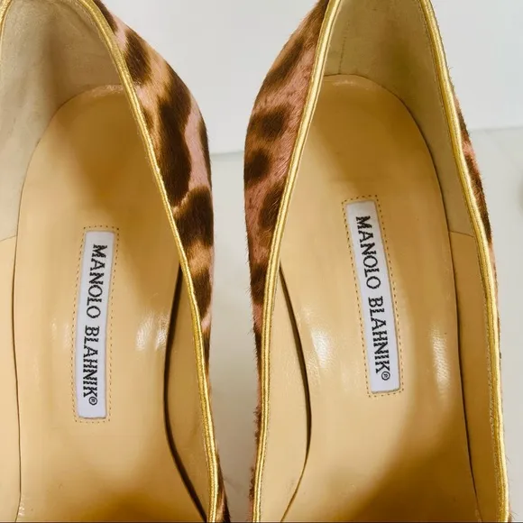 Manolo Blahnik pink gold beige animal print heels 38