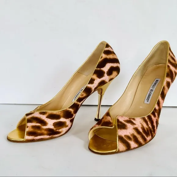 Manolo Blahnik pink gold beige animal print heels 38