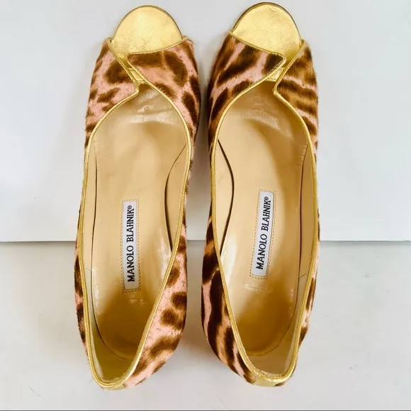 Manolo Blahnik pink gold beige animal print heels 38