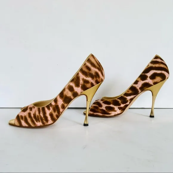 Manolo Blahnik pink gold beige animal print heels 38
