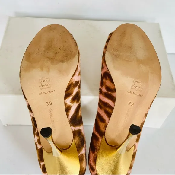 Manolo Blahnik pink gold beige animal print heels 38