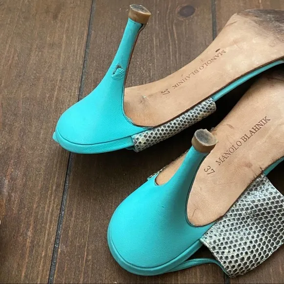 Manolo Blahnik Teal Snake Slingback Heels Size 37