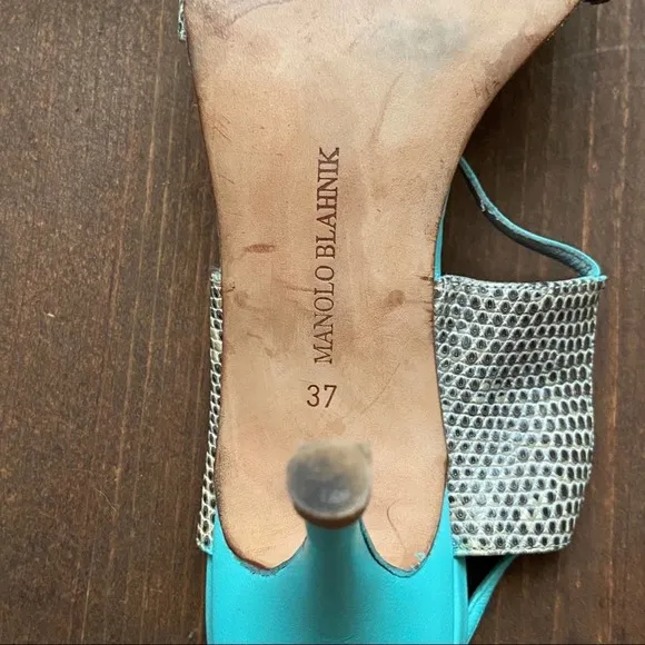 Manolo Blahnik Teal Snake Slingback Heels Size 37