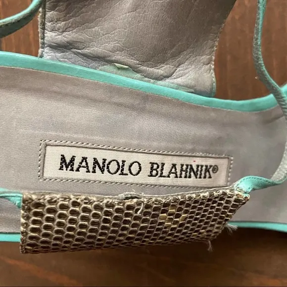 Manolo Blahnik Teal Snake Slingback Heels Size 37