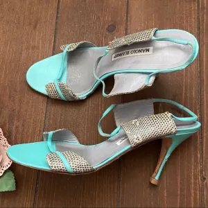 Manolo Blahnik Teal Snake Slingback Heels Size 37
