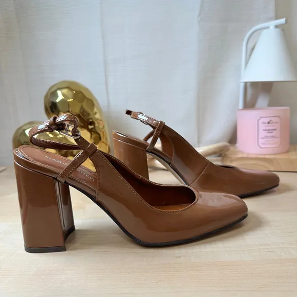 Marc Fisher Brown Patent Slingback‎ Block Heels, Size 8M
