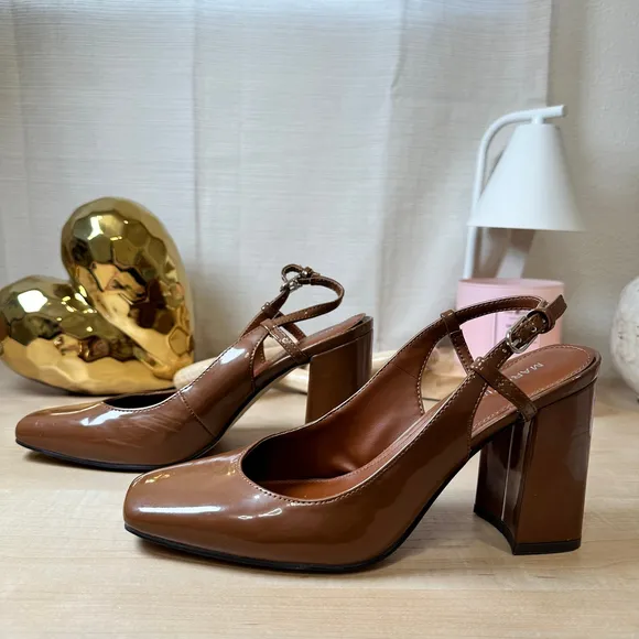 Marc Fisher Brown Patent Slingback‎ Block Heels, Size 8M