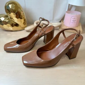 Marc Fisher Brown Patent Slingback‎ Block Heels, Size 8M
