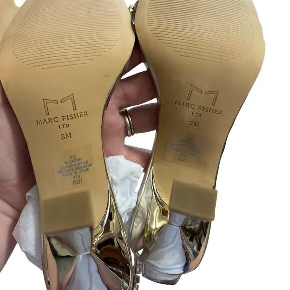 Marc Fisher LTD NWOB Karima Ankle Strap Sandal Heels In Gold Tone Size 8