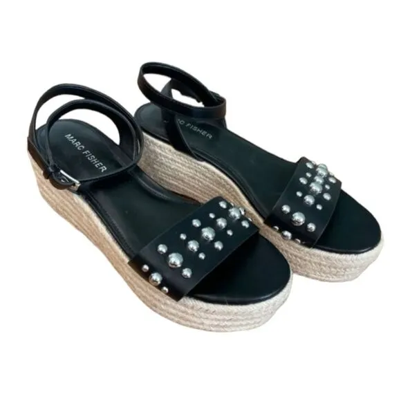 Marc Fisher Sandal Black Silver Stud Joyce Espadrille Platform Shoes Ankle Strap