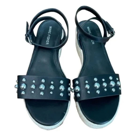 Marc Fisher Sandal Black Silver Stud Joyce Espadrille Platform Shoes Ankle Strap