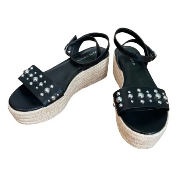 Marc Fisher Sandal Black Silver Stud Joyce Espadrille Platform Shoes Ankle Strap