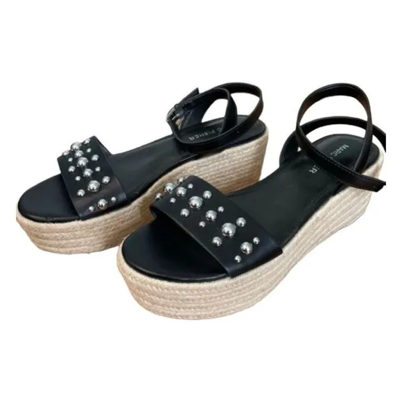 Marc Fisher Sandal Black Silver Stud Joyce Espadrille Platform Shoes Ankle Strap