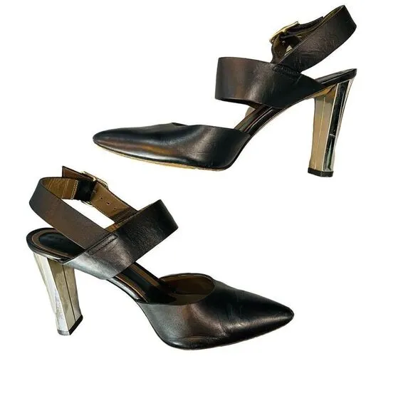 Marni Black and Chrome Block Heel Leather High Heels Pumps Size 9 EUC