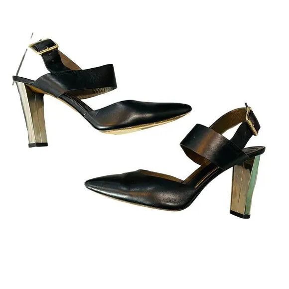 Marni Black and Chrome Block Heel Leather High Heels Pumps Size 9 EUC