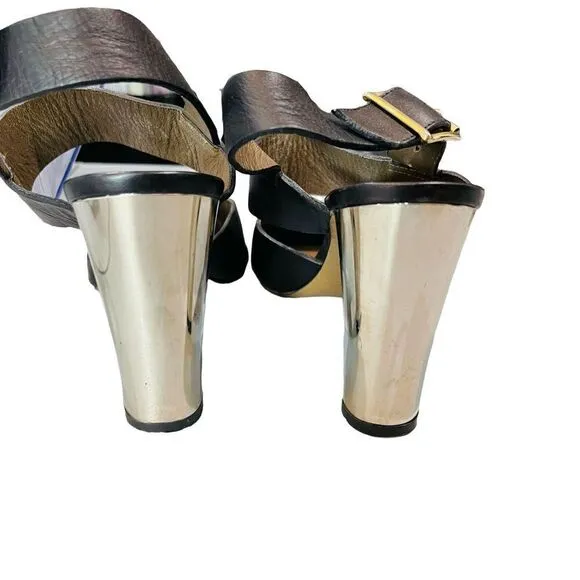 Marni Black and Chrome Block Heel Leather High Heels Pumps Size 9 EUC