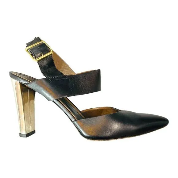 Marni Black and Chrome Block Heel Leather High Heels Pumps Size 9 EUC