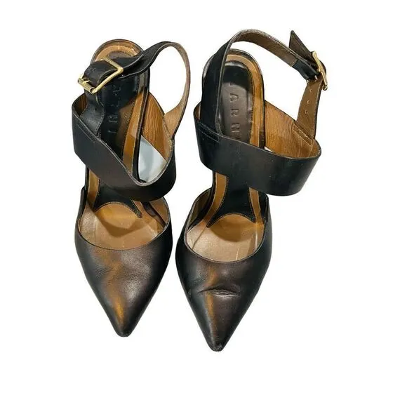 Marni Black and Chrome Block Heel Leather High Heels Pumps Size 9 EUC