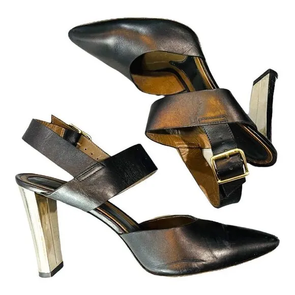 Marni Black and Chrome Block Heel Leather High Heels Pumps Size 9 EUC