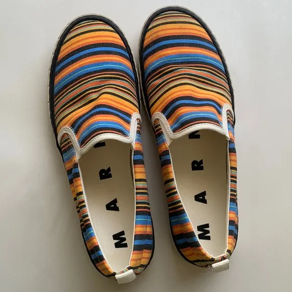 Marni Orange Multi Color Striped Slip On Canvas Sneaker Luxury Designer