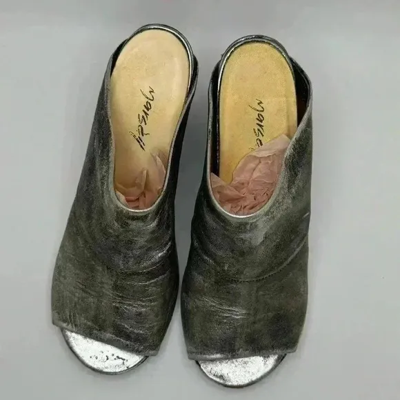 MARSÈLL metallic silver leather peep toe chunky block heel mules clogs 37
