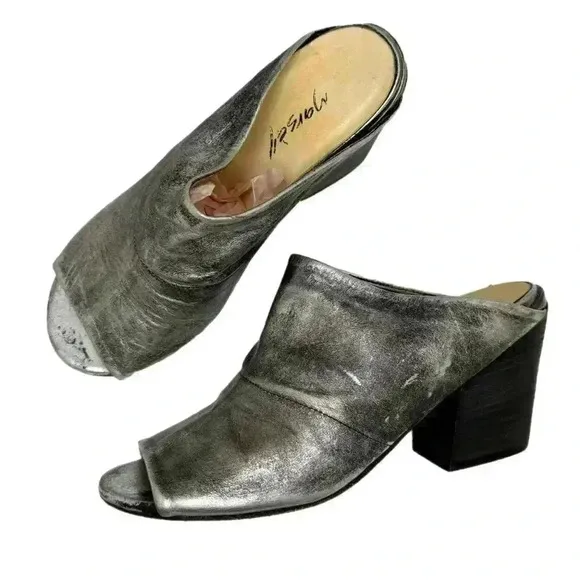 MARSÈLL metallic silver leather peep toe chunky block heel mules clogs 37