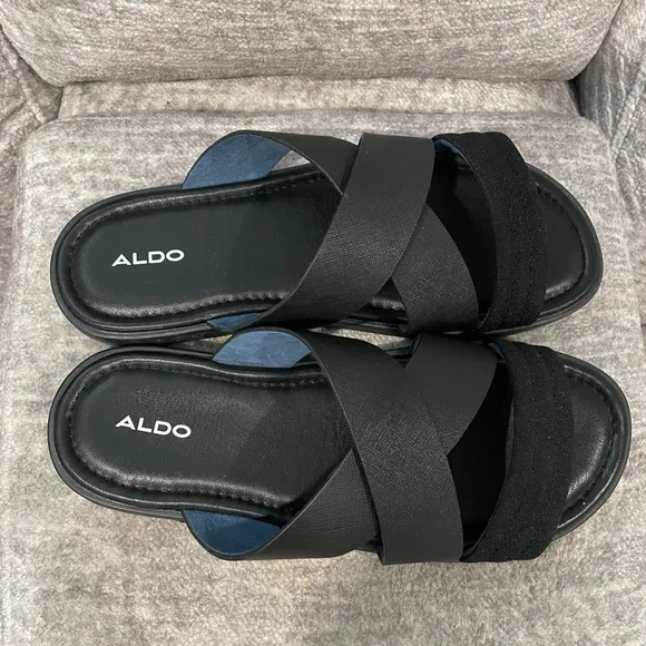 Men’s ALDO ZIEDU Black Crisscross Slides, Size 9….NEW!
