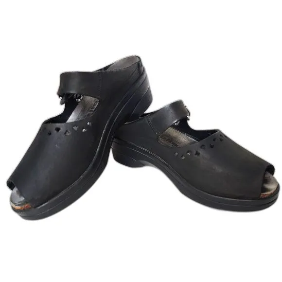 Mephisto Mobils Black Leather Mary Jane Peep Toe Clogs Size 37