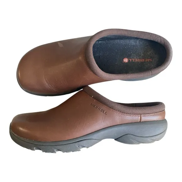 Merrell Mens size 12 Encore Gust Brown Leather Slip on Casual Comfort Mule Clogs