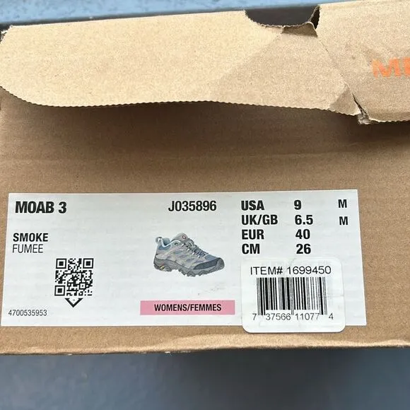 Merrell Women's Moab 3 Hiking Shoes, Size 9, Color Smoke, NWT
