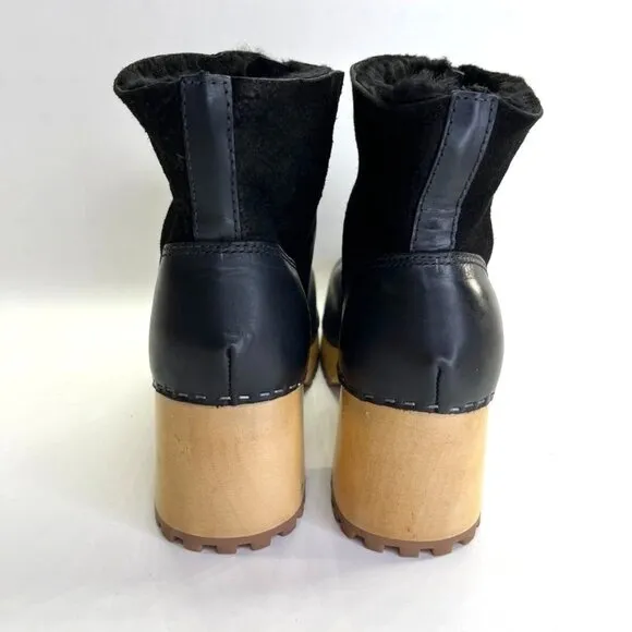 MIA Josi Women's Platform Clogs Size 10 Black Leather Suede Wool Lined