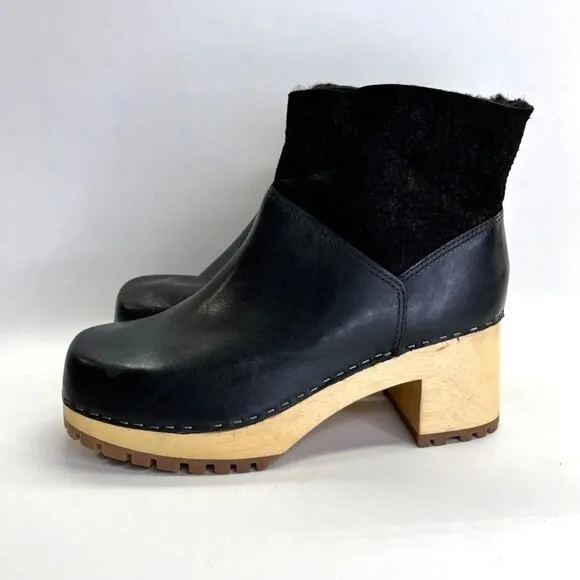 MIA Josi Women's Platform Clogs Size 10 Black Leather Suede Wool Lined