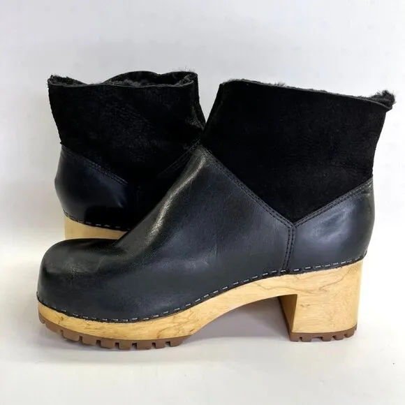 MIA Josi Women's Platform Clogs Size 10 Black Leather Suede Wool Lined