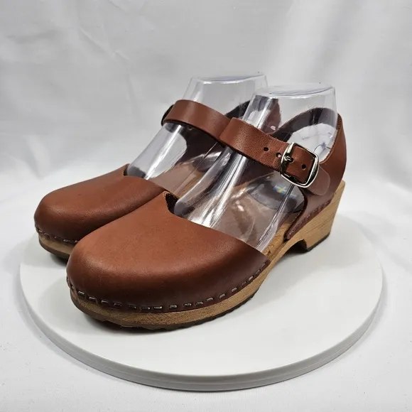 Mia Namby Clogs Ankle Strap Buckle Closed Toe Low Platform Wood Leather Brown 38