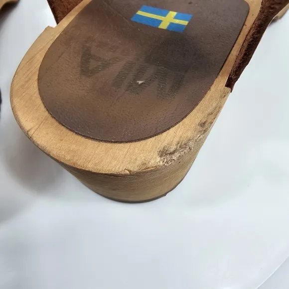 Mia Namby Clogs Ankle Strap Buckle Closed Toe Low Platform Wood Leather Brown 38