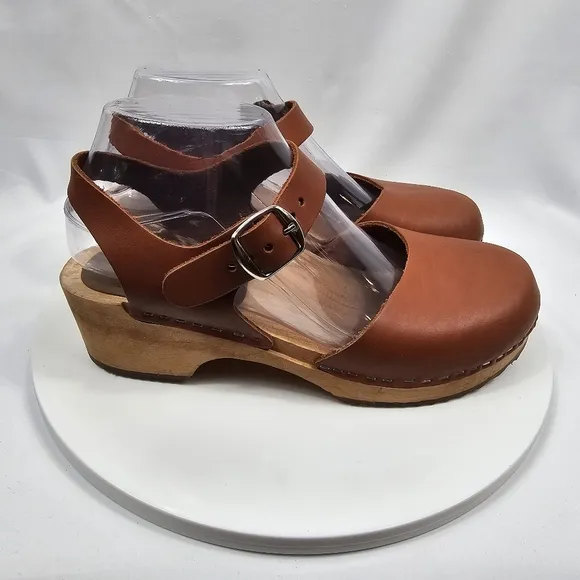 Mia Namby Clogs Ankle Strap Buckle Closed Toe Low Platform Wood Leather Brown 38