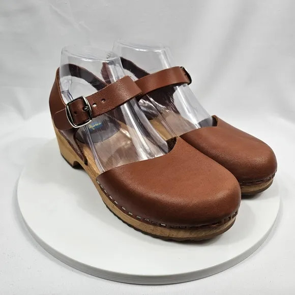 Mia Namby Clogs Ankle Strap Buckle Closed Toe Low Platform Wood Leather Brown 38