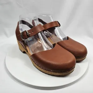 Mia Namby Clogs Ankle Strap Buckle Closed Toe Low Platform Wood Leather Brown 38